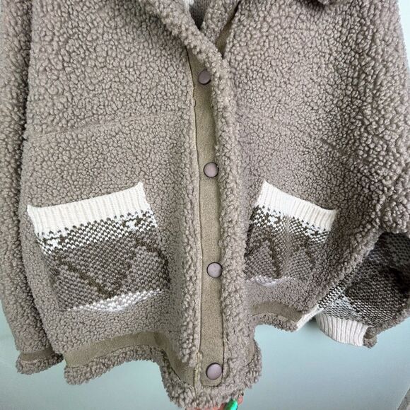 BLANKNYC Sherpa Button Front Jacket Comfort Queen Taupe Teddy Coat Knit Back XS - Picture 5 of 14